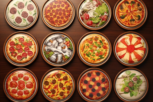 Foto uma variedade de pizzas estão em uma mesa, incluindo uma que tem diferentes tipos de pizza