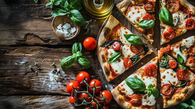 Uma variedade de pizzas italianas em uma superfície de madeira rústica