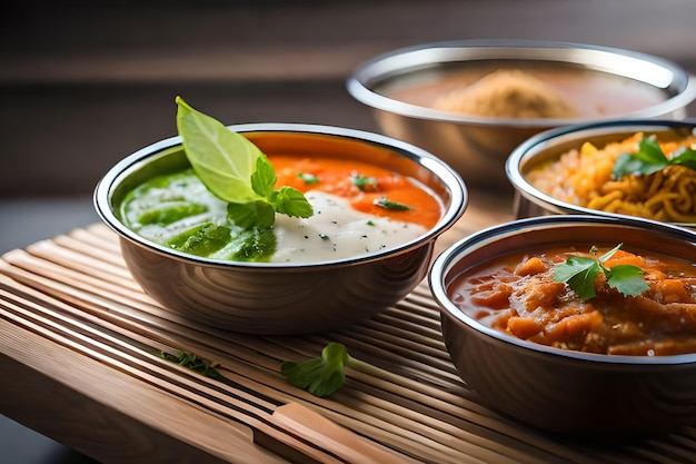 Uma variedade de pratos de comida indiana em uma mesa de madeira