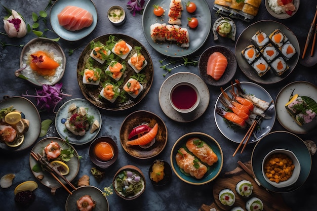 Uma variedade de pratos de sushi, incluindo sushi, pãezinhos e sushi