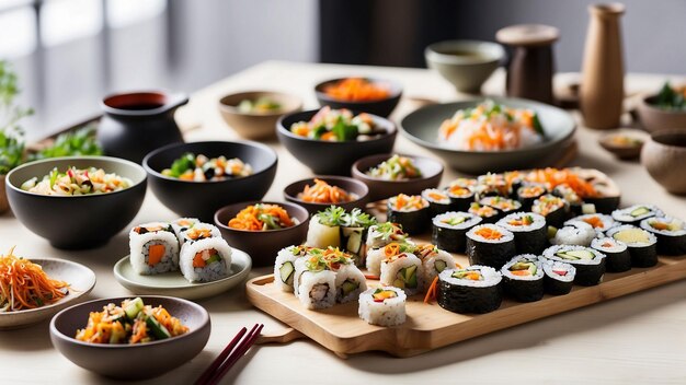 Foto uma variedade de pratos vegetarianos de inspiração asiática em uma mesa de madeira branca em um restaurante incluem sushi