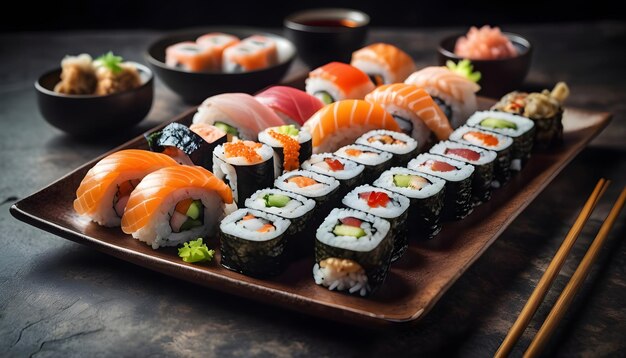 Uma variedade de rolos de sushi e Maki nos pratos em fundo rústico escuro