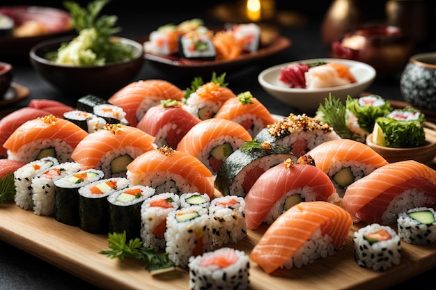 Uma variedade de rolos de sushi e sashimi lindamente revestidos em pratos de porcelana branca