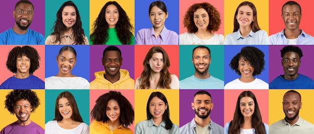 Uma variedade de rostos alegres cada pessoa sorrindo contra um fundo colorido