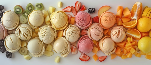 Uma variedade de sabores de sorvete e coberturas de frutas