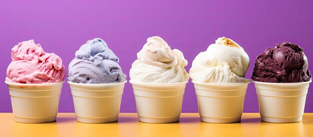 Uma variedade de sabores de sorvete e gelato em um pano de fundo roxo com espaço para o texto The