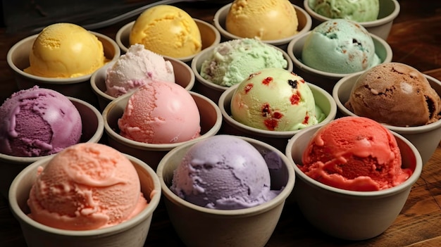 Uma variedade de sorvetes são exibidos em pequenas tigelas.