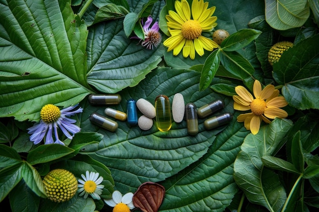 Foto uma variedade de suplementos naturais de ervas e vitaminas cuidadosamente colocados em folhas verdes vibrantes cercadas de flores silvestres