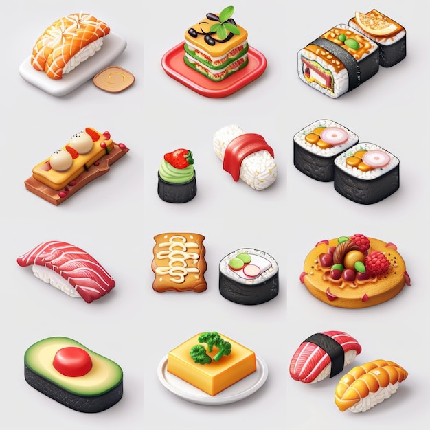 Foto uma variedade de sushi e outras comidas japonesas