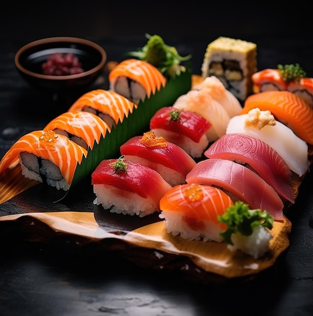 uma variedade de sushi e sushi estão em um prato.