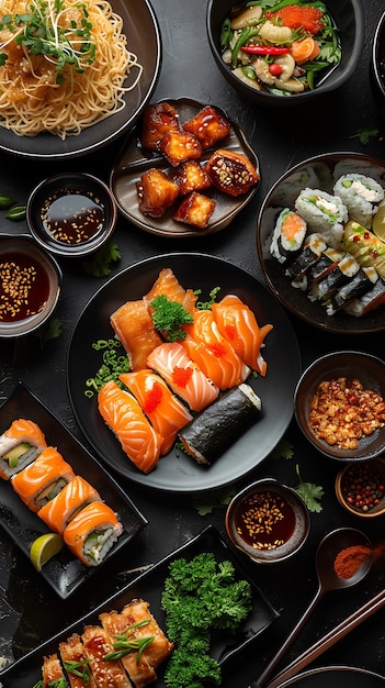 uma variedade de sushi em uma mesa com outros sushi
