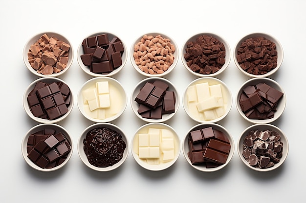 Uma variedade de tigelas de chocolate, incluindo leite escuro e IA generativa branca