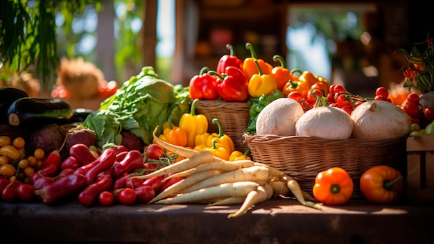Uma variedade de vegetais frescos para venda em um mercado local, mesas empilhadas cheias de vegetais orgânicos frescos
