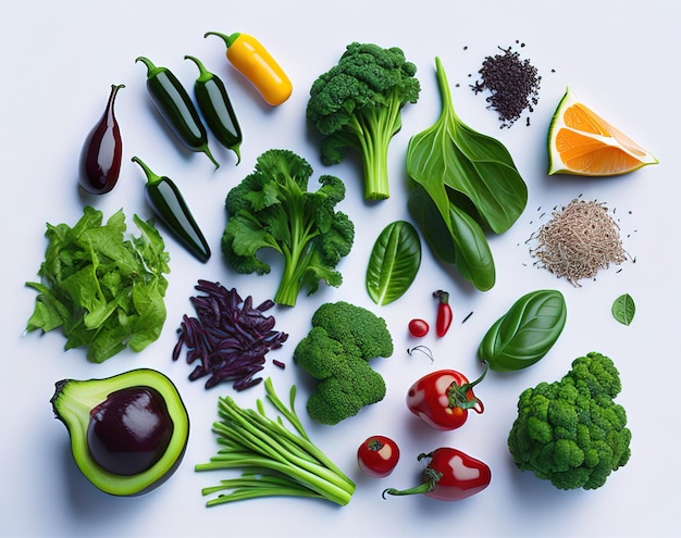 Uma variedade de vegetais, incluindo brócolis, brócolis, brócolis e outras frutas.