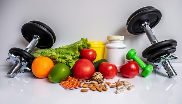 Uma variedade de vitaminas e suplementos estão sobre uma mesa.