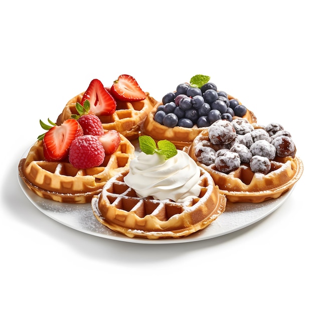 Uma variedade de waffles belgas crocantes e waffles dourados cobertos com frutas frescas