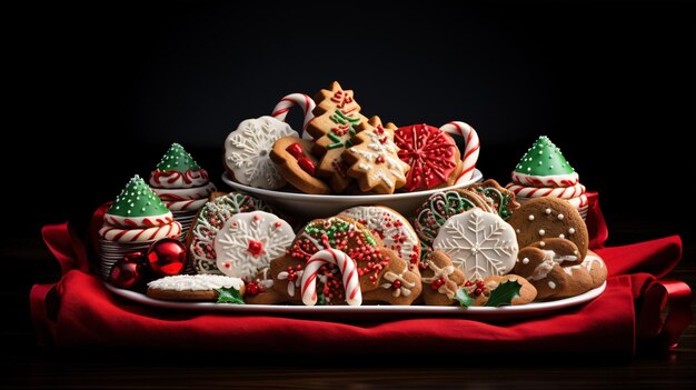 Foto uma variedade deliciosa de deliciosamente decorados biscoitos de gengibre de natal de diferentes cores xmas apresenta publicidade