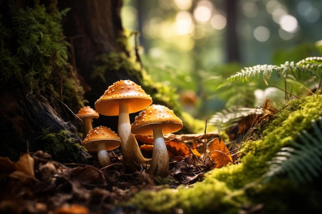 Uma variedade diversificada de cogumelos selvagens em uma floresta exuberante Criado com tecnologia de IA generativa