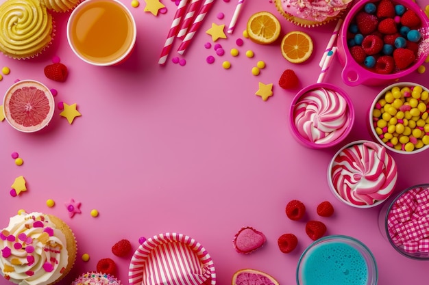Foto uma variedade vibrante de doces e guloseimas em um fundo rosa para celebrações e festas