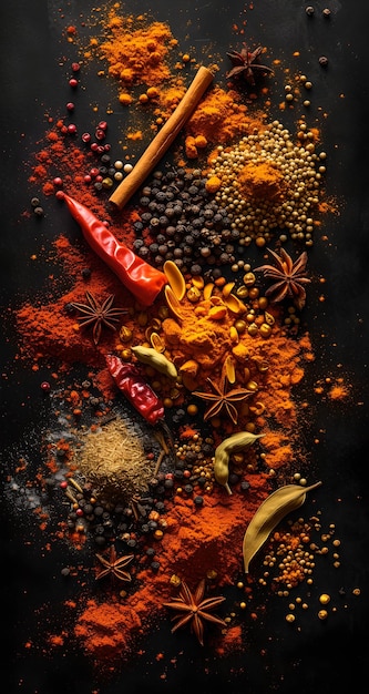 Foto uma variedade vibrante de especiarias em fundo escuro perfeita para arte culinária cores vivas e texturas capturadas ideais para visualização de receitas ai