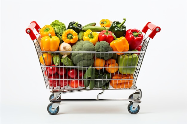 Uma variedade vibrante de legumes e frutas frescos num carrinho de compras de metal do supermercado totalmente abastecido