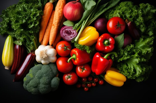 Uma variedade vibrante e nutritiva de frutas e legumes frescos vista de cima sobre fundo sólido escuro