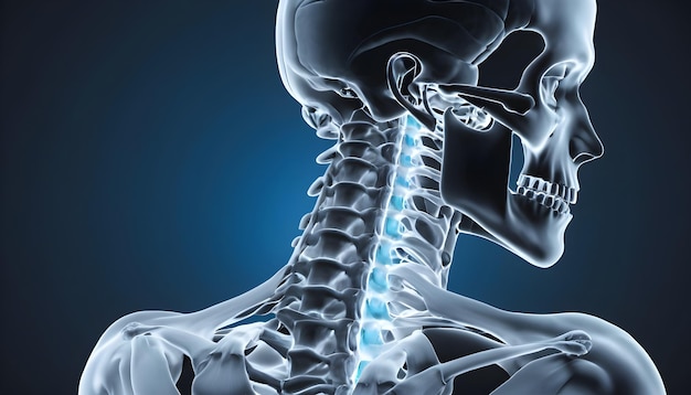 Uma varredura de raios-X renderizada em 3D focando na coluna cervical revelando hérnia de disco