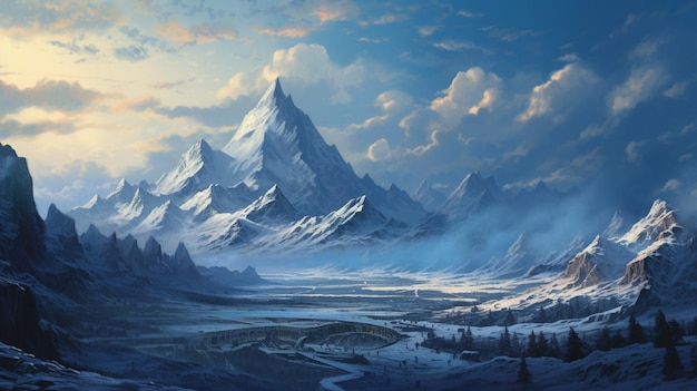 Uma vasta cordilheira coberta de neve com picos irregulares nuvens em um céu azul