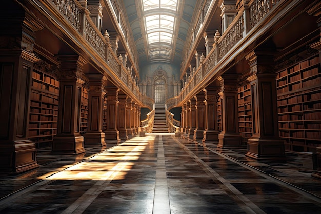 Foto uma vasta e antiga biblioteca com prateleiras de ia generativa