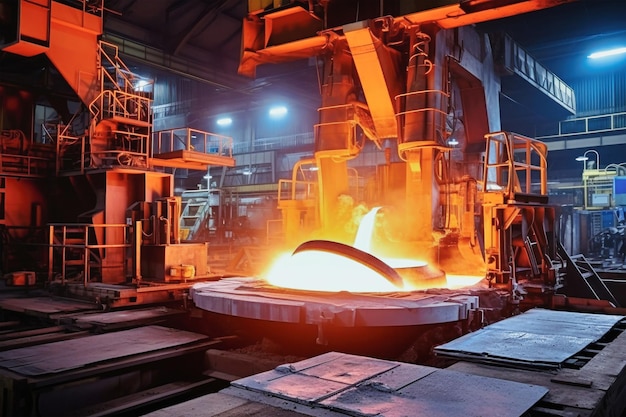 Uma vasta fábrica metalúrgica cheia de atividade produzindo aço em grande escala com estruturas imponentes e o brilho de metal fundido