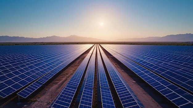 Uma vasta fazenda de painéis solares estende-se através de uma paisagem desértica aproveitando o poder do sol para