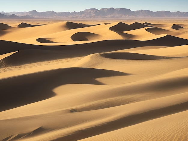 Uma vasta paisagem desértica com dunas de areia e um oásis distante gerado por ai