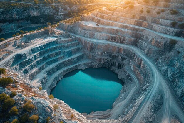 Uma vasta pedreira de mineração com estradas em espiral e uma bacia de água luminosa