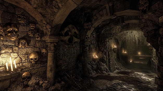 Uma vasta rede subterrânea de túneis e câmaras adornadas com símbolos macabros.