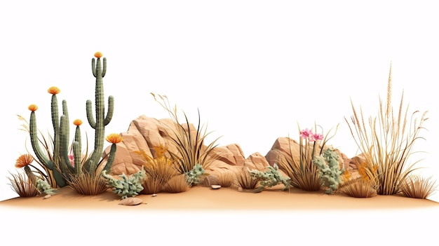 Uma vegetação árida isolada em um cenário branco ilustrado em 3D