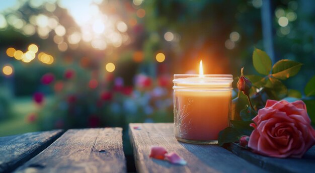 Uma vela acesa e uma rosa rosa em uma superfície de madeira com luz suave da noite e fundo bokeh