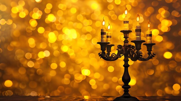 Uma vela acesa está em uma mesa de madeira contra um fundo borrado de luzes douradas