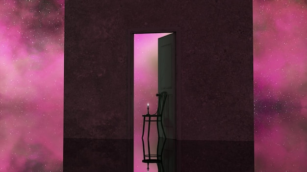 Foto uma vela acesa queima em uma cadeira no espaço da porta ao fundo, cor neon roxa, imaginação