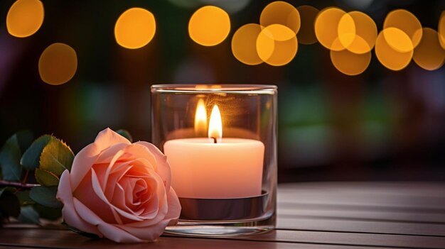 Uma vela ardente e flores de rosa contra o fundo de um conceito de aromaterapia de jardim