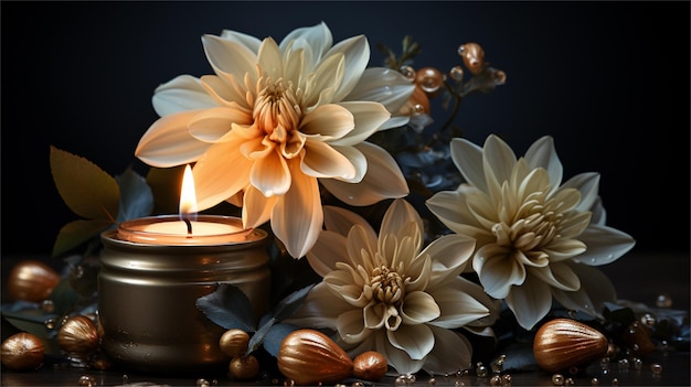 Uma vela com uma vela e flores em uma mesa