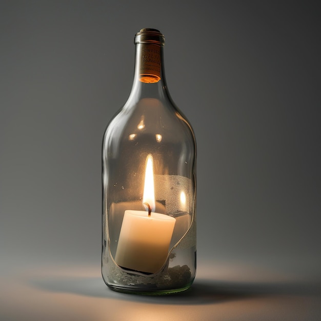 Foto uma vela dentro de uma garrafa de vinho é acesa com uma vela dentro.