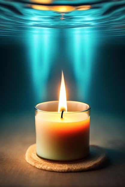 Uma vela é acesa com um fundo azul sob a água