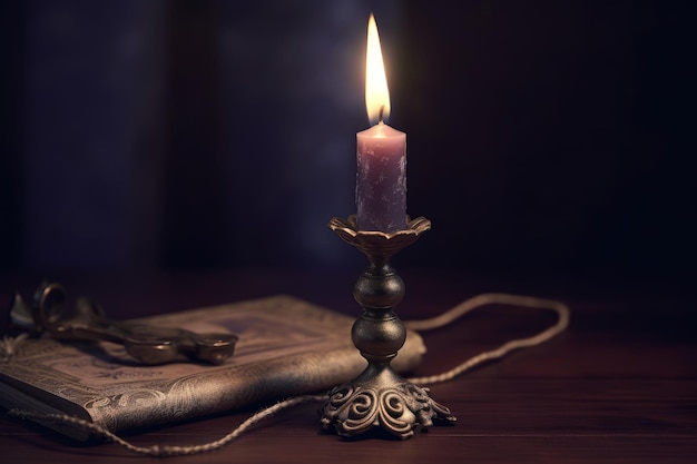 Uma vela é acesa sobre uma mesa com uma bíblia e um livro.
