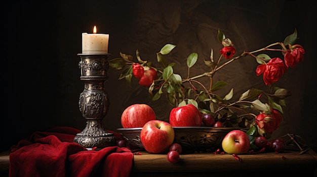 uma vela e algumas maçãs sobre uma mesa