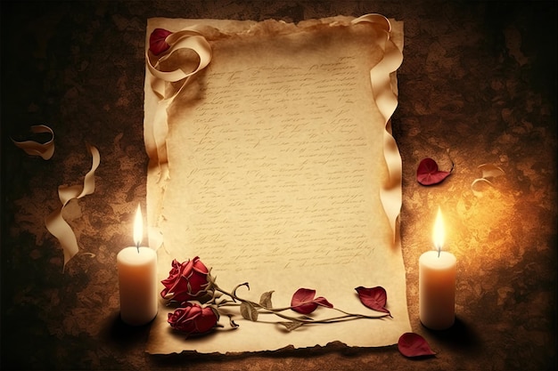 Uma vela e um pedaço de papel com rosas