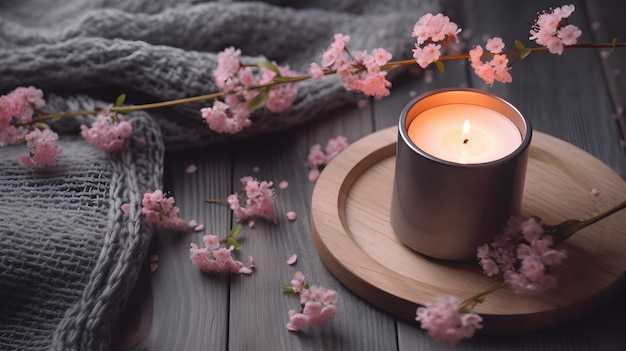 Uma vela e uma flor de cerejeira em uma mesa de madeira