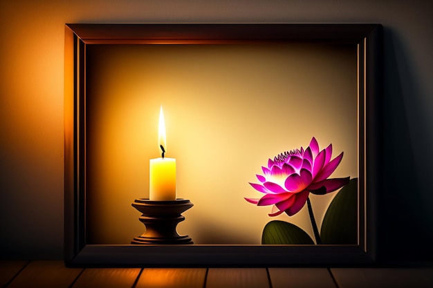 Uma vela e uma flor de lótus em um quadro