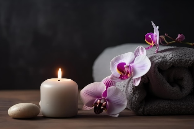 Uma vela e uma toalha com orquídeas