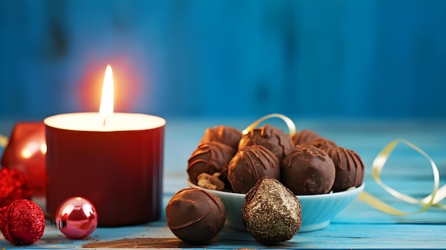 Uma vela e uma vela com chocolates