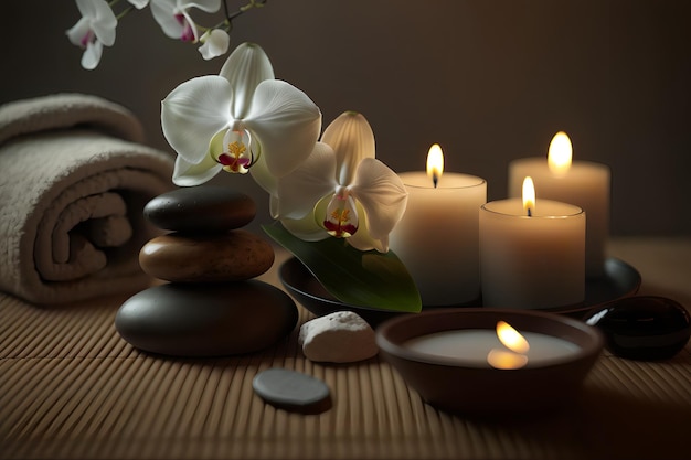 Uma vela e velas estão sobre uma mesa em um ambiente de spa.